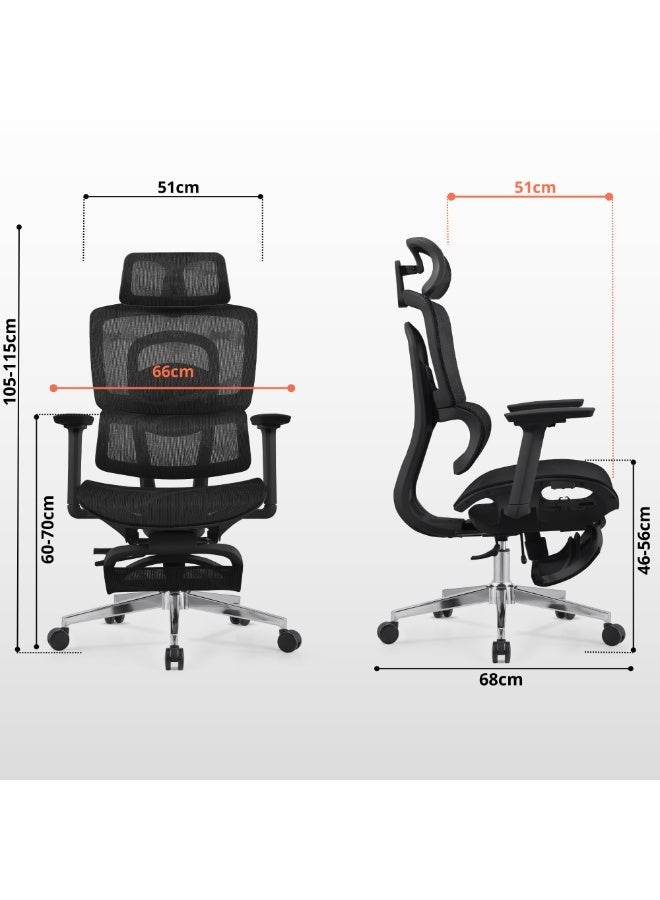 Sky Land Skyland  Ergonomic Office Chair – High-Back Mesh, Reclining System with Footrest, Adjustable Lumbar Support – 2D Headrest, Backrest Height, Seat Depth, 3D PU Armrests, Metal Base - Image 5